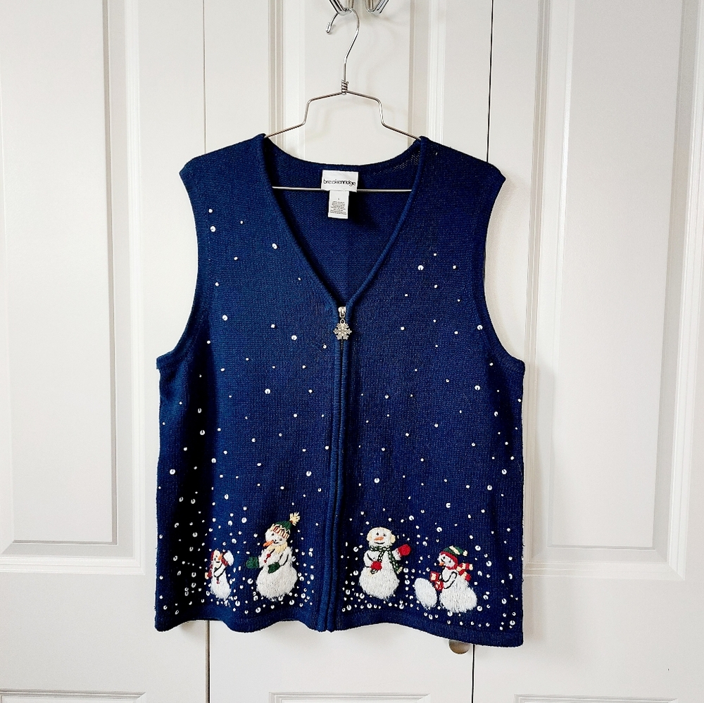 Navy Blue Snowfall Snowman‎ Zip Sweater Vest Large Breckenridge Christmas